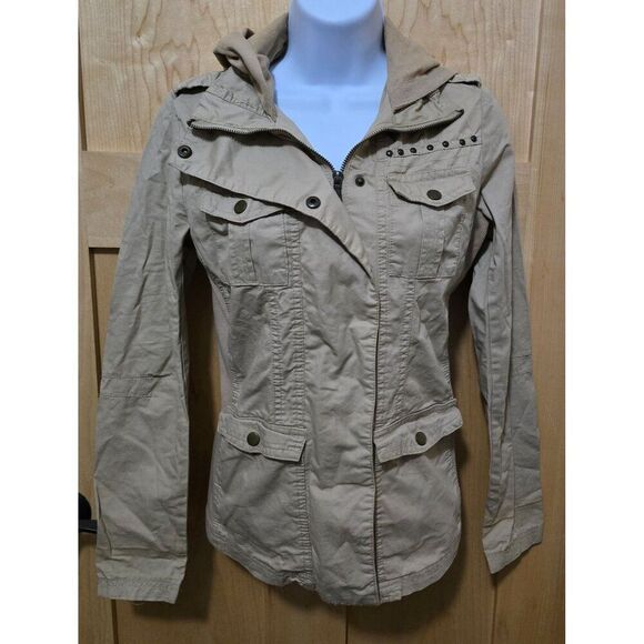 Womens Beige Utility Jacket Hood Snap Buttons Stud Detail Lightweight Casual S - Picture 5 of 16